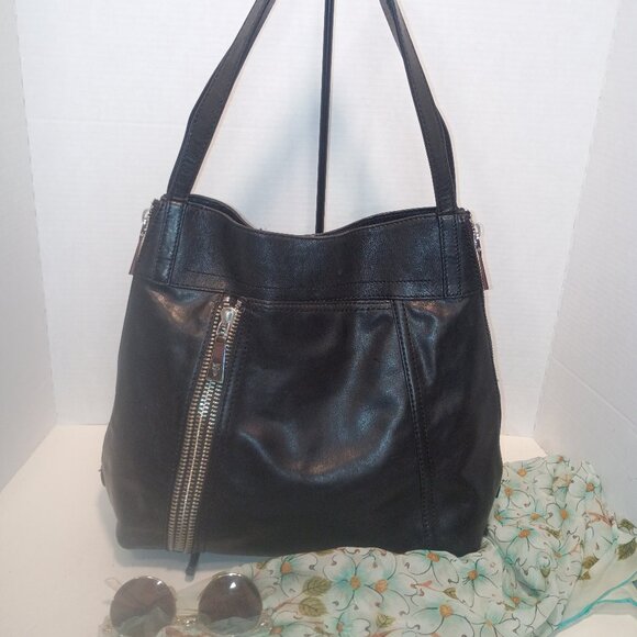 FRYE "Lena" Smooth Black Leather Tote Chunky SIlver ZIppers Detail, 3-Side Open - Picture 2 of 15